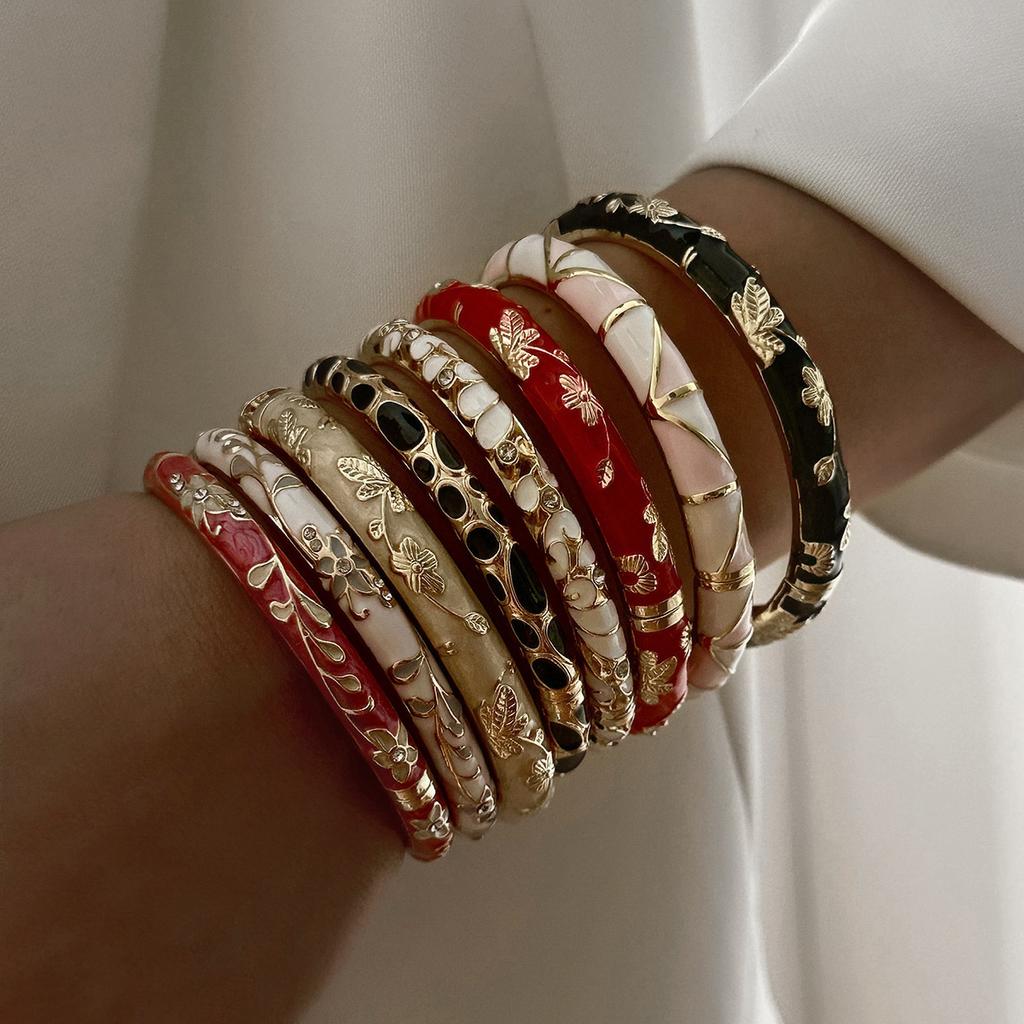 Ethnic Style Luxury Multicolor Enamel Flower Bracelets For Women Gold Color Leaf Floral Cloisonne Bangle Bohemia Charm Jewelry