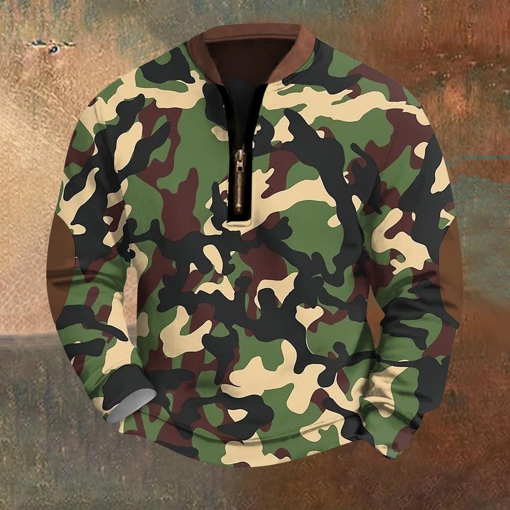 Men's Fashion Casual Half Zip Neck Loose Long Sleeve Camouflage Sweatshirt