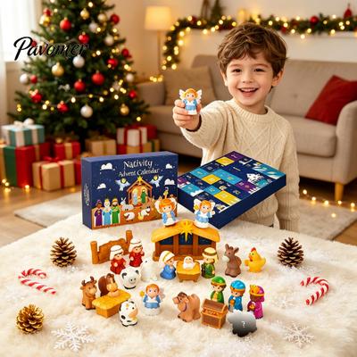 Interactive Christmas Surprise Toy 24 Days Nativity Advent Calendar for Kids, Countdown Educational with Mini Figurines, Holiday Activities
