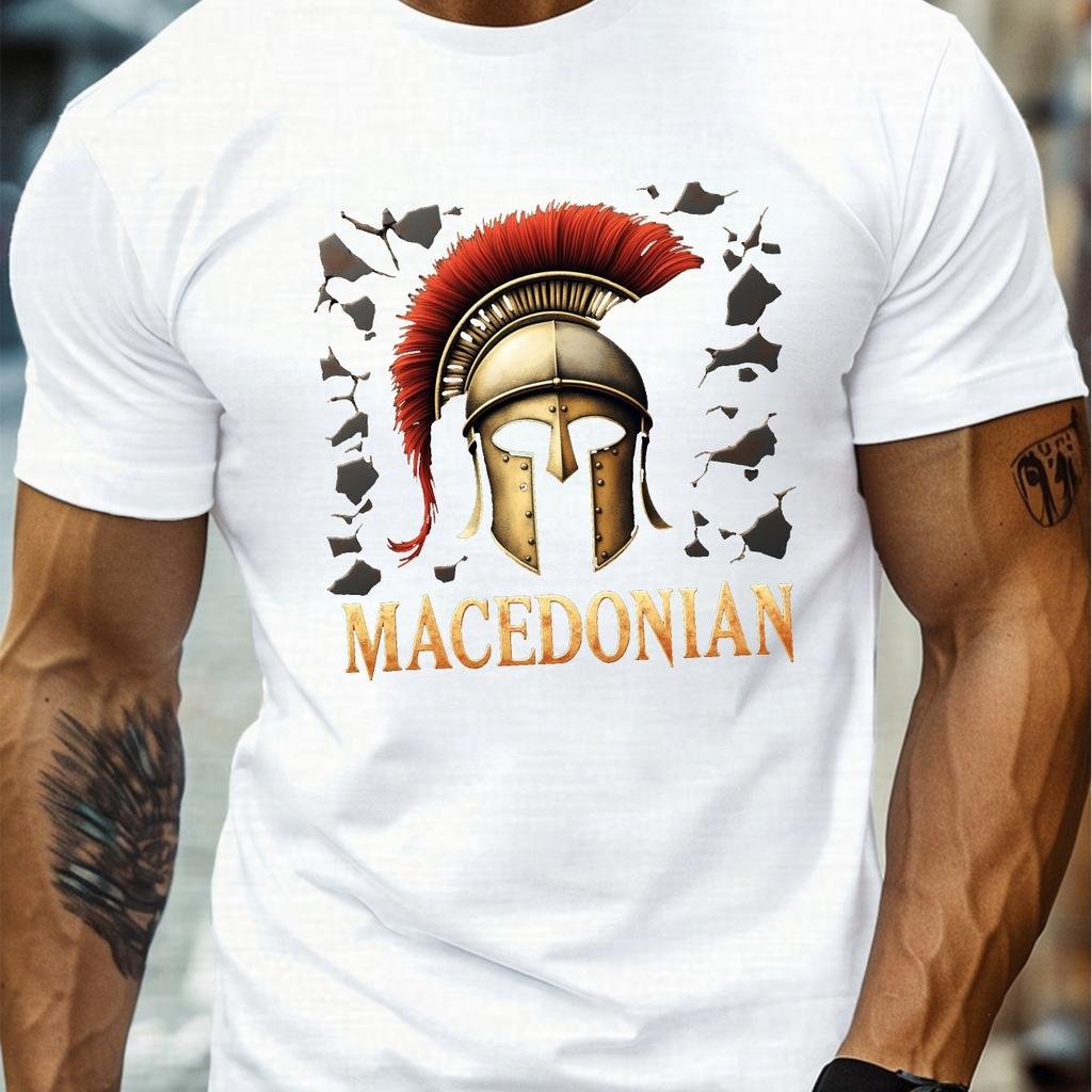 Macedonian Helmet Print Mens Cotton Graphic Tee Casual Short Sleeve Breathable Crew Neck TShirt