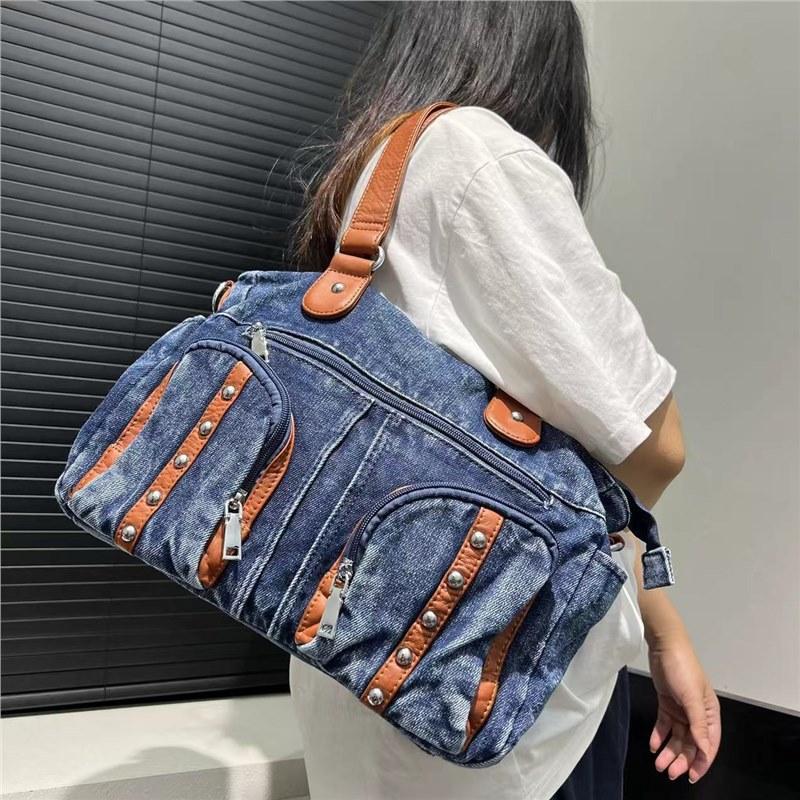 Korean Version Of Retro Multi-Pocket Splicing Washed Punk Denim Shoulder Bag