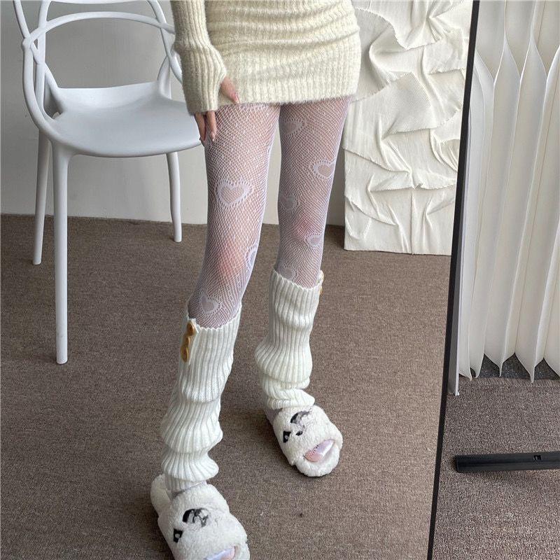Japanese Cute Girlish Ins-style Pantyhose - Fishnet Stockings, White Silk with Love Heart Jacquard, Sweet Design