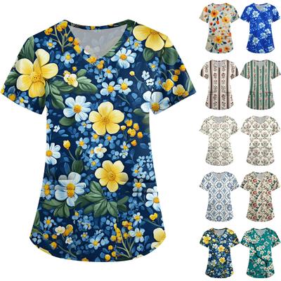 Women's Cute Printed Work Clothes V-neck Double Layer Pockets Basic Short Sleeve Top Pullover Valentines