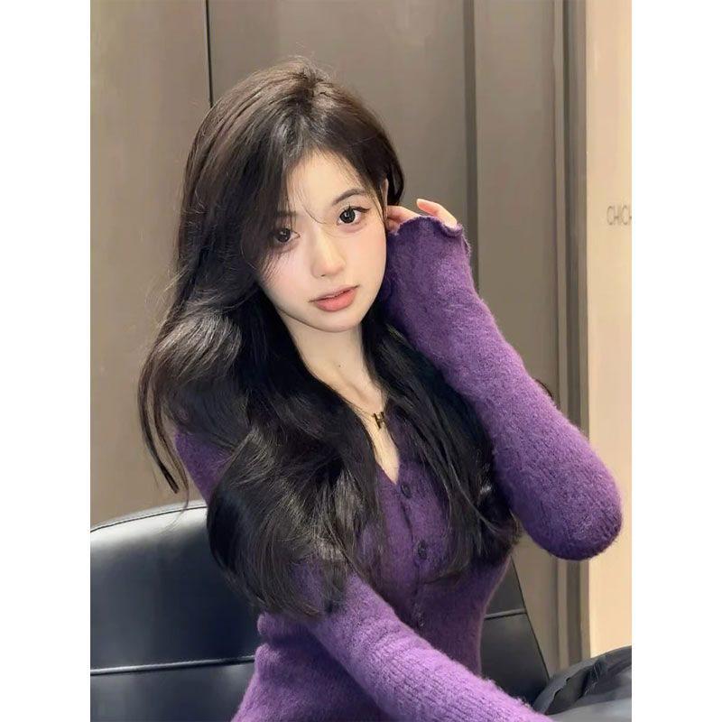 

Женский фиолетовый вязаный кардиган - Весна/Осень, Нишевый дизайн, Приталенный крой, Топ с длинным рукавом L 54-59 kg фиолетовый