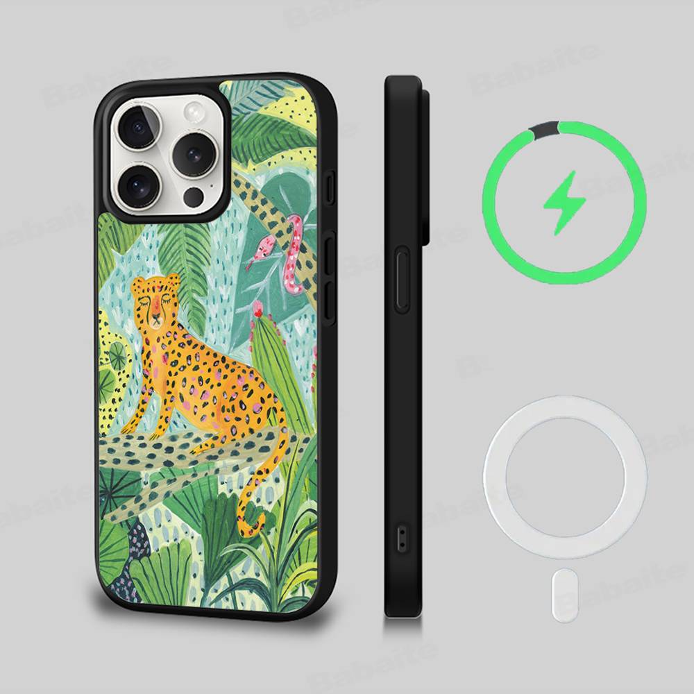 Jungle Art Illustration Snake Cats Sloth For Magsafe Phone Case For IPhone 16 15 11 12 13 14 17 Pro Max Plus Magnetic Wireless