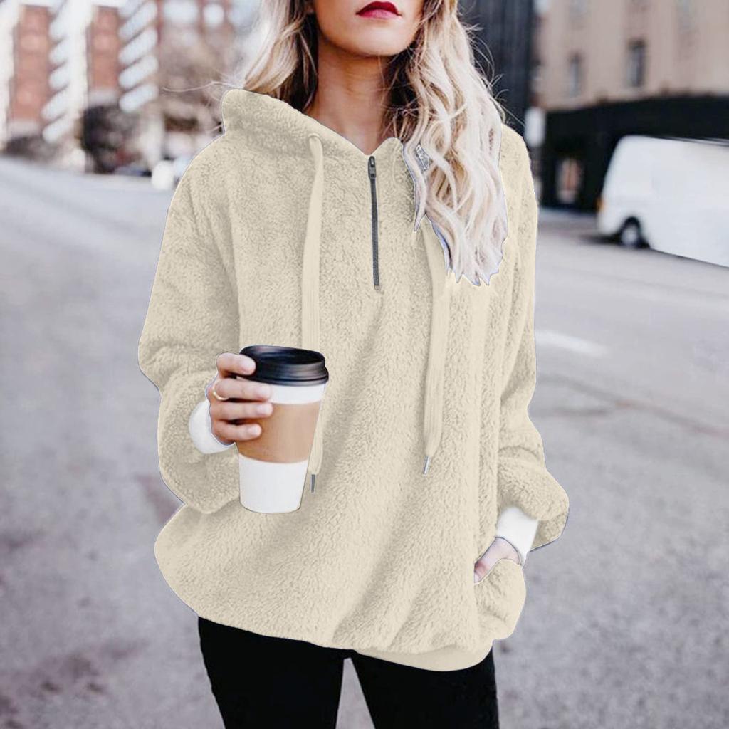 Damenmode, einfarbig, mit Kapuze, Patchwork, langen Ärmeln, Reißverschluss, Plüsch-Sweatshirt