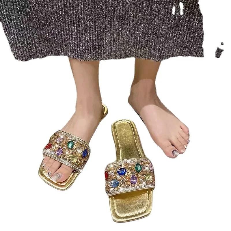 2024 Vară Nou Papuci de Damă cu Cristale Pantofi cu Vârf Deschis pentru Femei Modă Lux Plajă Papuci de Plajă Antiderapanți Femei Zapatos