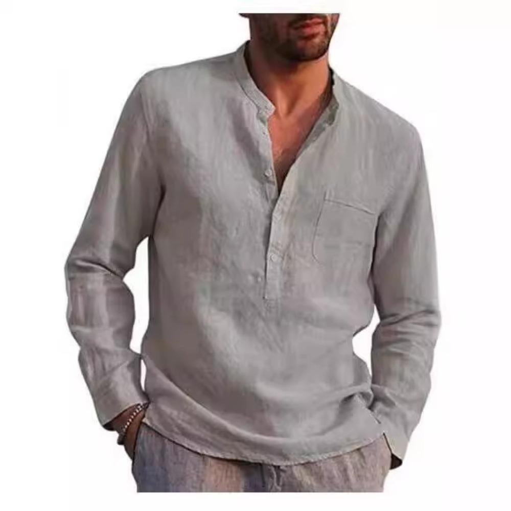 Heren Casual Strandlinnen Shirt met Lange Mouwen en V-hals