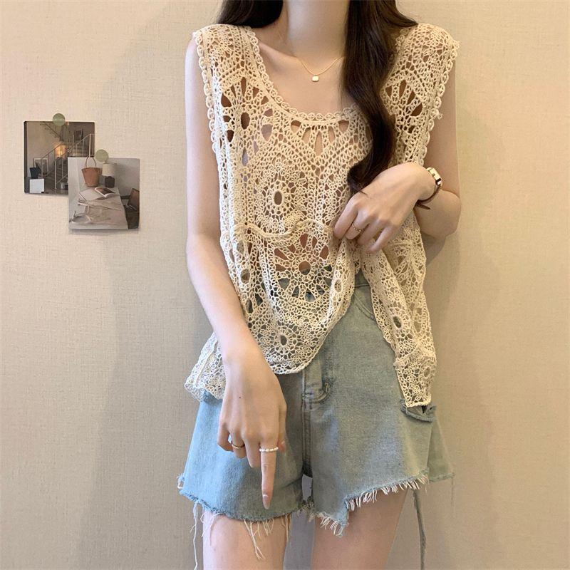 Lace Crocheted Hollowed-out Camisole Vest for Women Plus-size Summer Waistcoat Cover Top