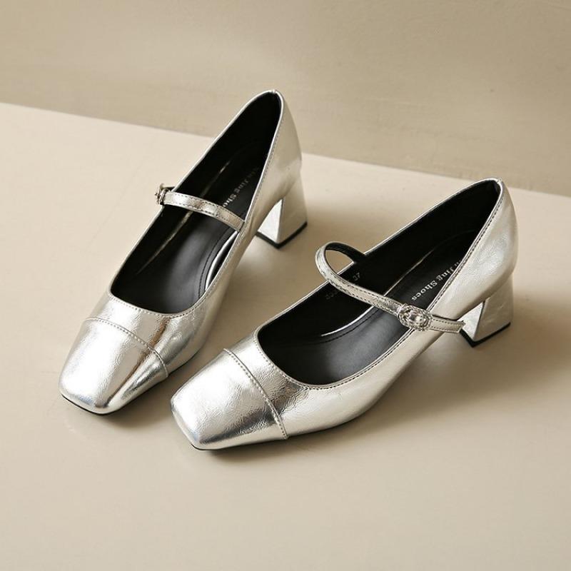

Silver square head temperament medium heel Mary Jane shoes autumn new buckle fashion small leather shoes women s fashion single shoes 40