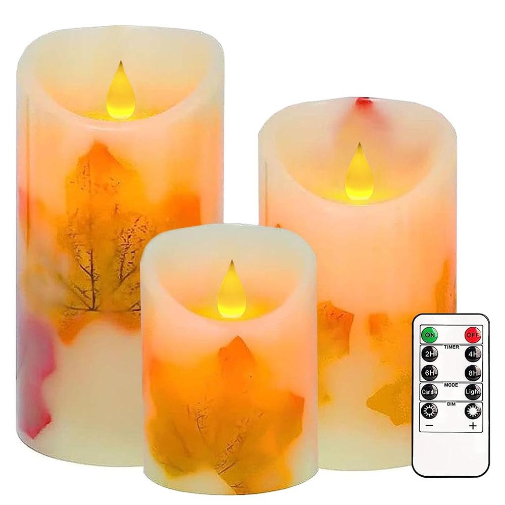 3Pcs Flameless Candle Light Maple Leaf Flickering LED Candles with Remote Timer Pillar Candles Battery Operated Electric Candles