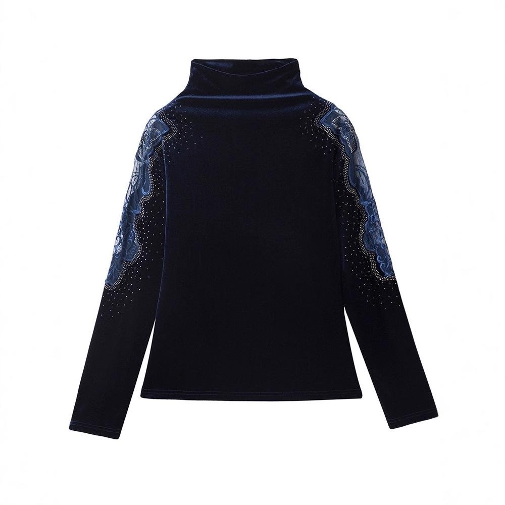 Stylish Versatile Velvet Lace High-Neck Long-Sleeve Shirt for Women