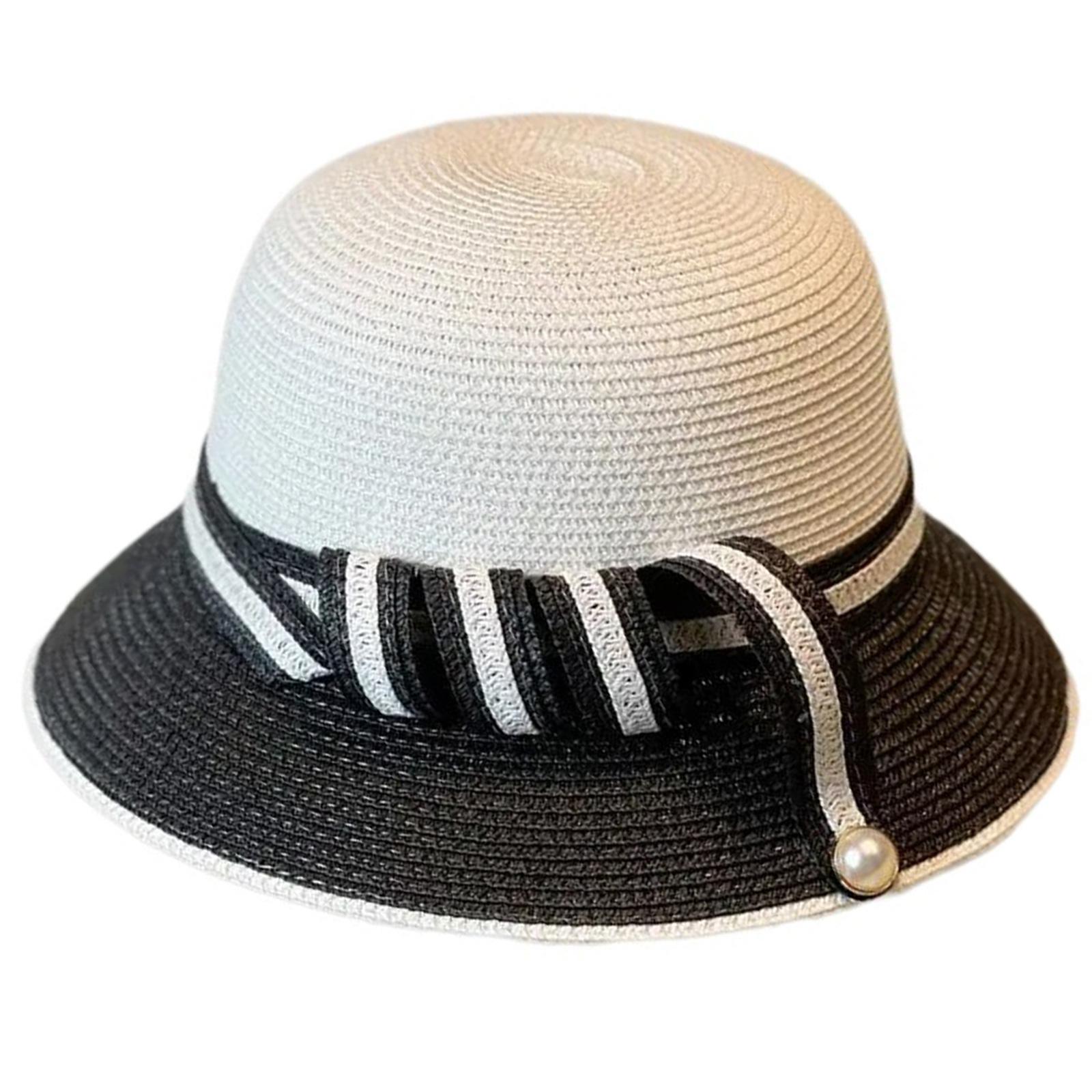 

Boater Hat Handmade Straw Hat Elegant Pearl Sun Hat Style Surprise Gift for Girlfriend for Vacations French Style белый