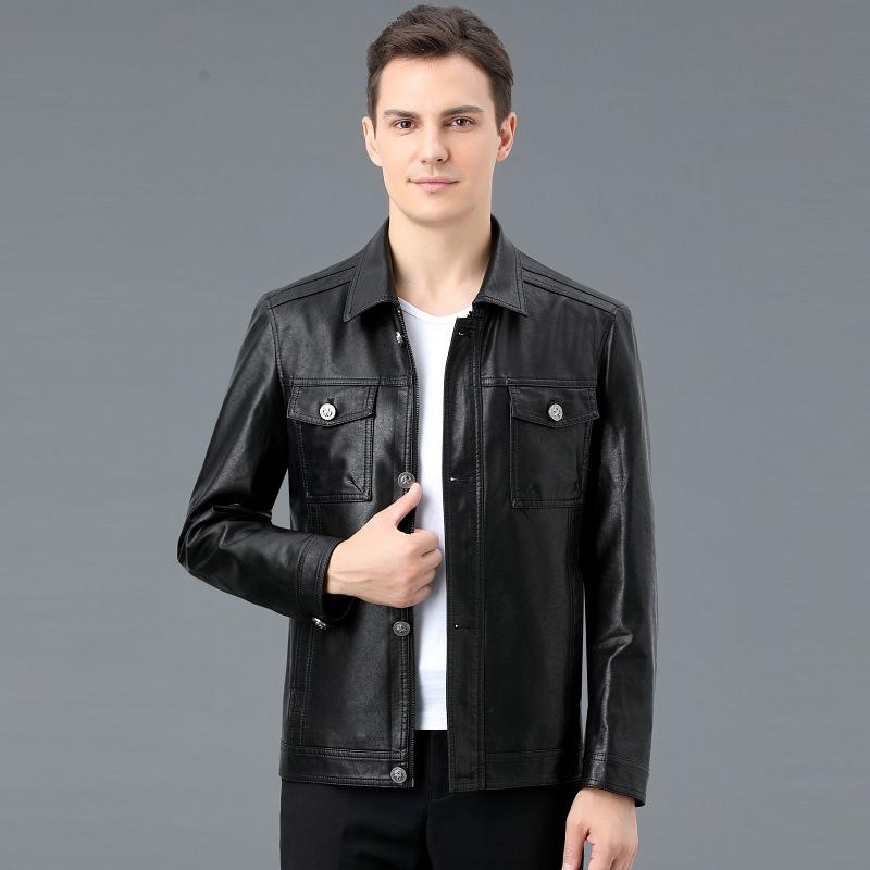Leather Jacket Men's Velvet Thickened Lapel Autumn and Winter Middle-aged Dad Leather Jacket Casual Coat Soft Leather Top