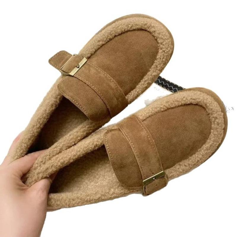 Wearing warm women's new flat-bottomed Doudou shoes, winter velvet and one pedal, retro thick cotton shoes for women