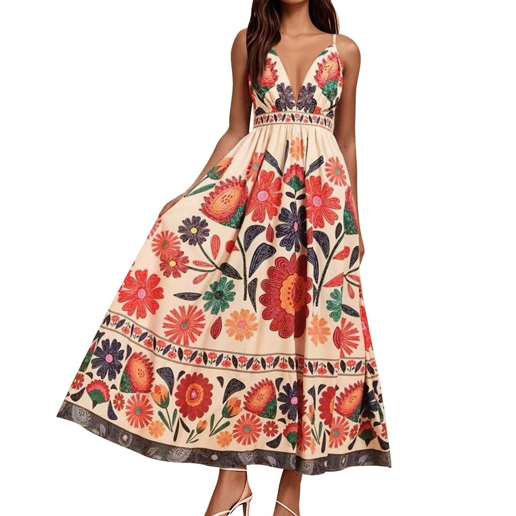 Women's Casual Fashion Vintage Floral Print Suspender Dress Elegant Holiday Dress