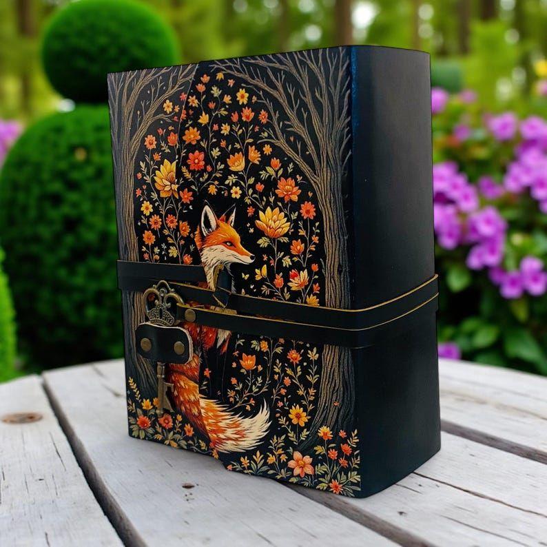 Fox Leather Journal Vintage Handmade, Grimoire Fat Journal with Key Blank Spell Book of Shadows, Celestial Christmas Gifts