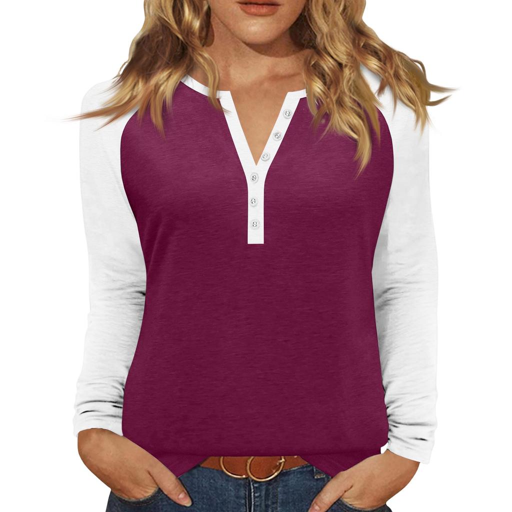 Women's T Shirt Color Block Button Long Sleeve Daily Weekend Fashion Basic V- Neck Regular Top