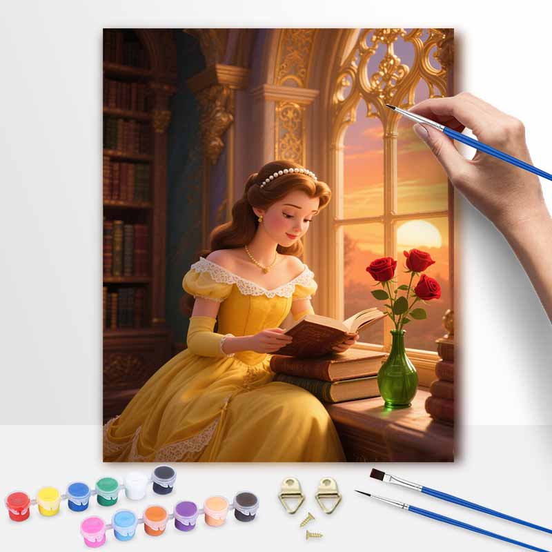 Disney Princess Reading Book Golden Dress Painting by Numbers Hand Filled Drawing Art Kit Home Decor