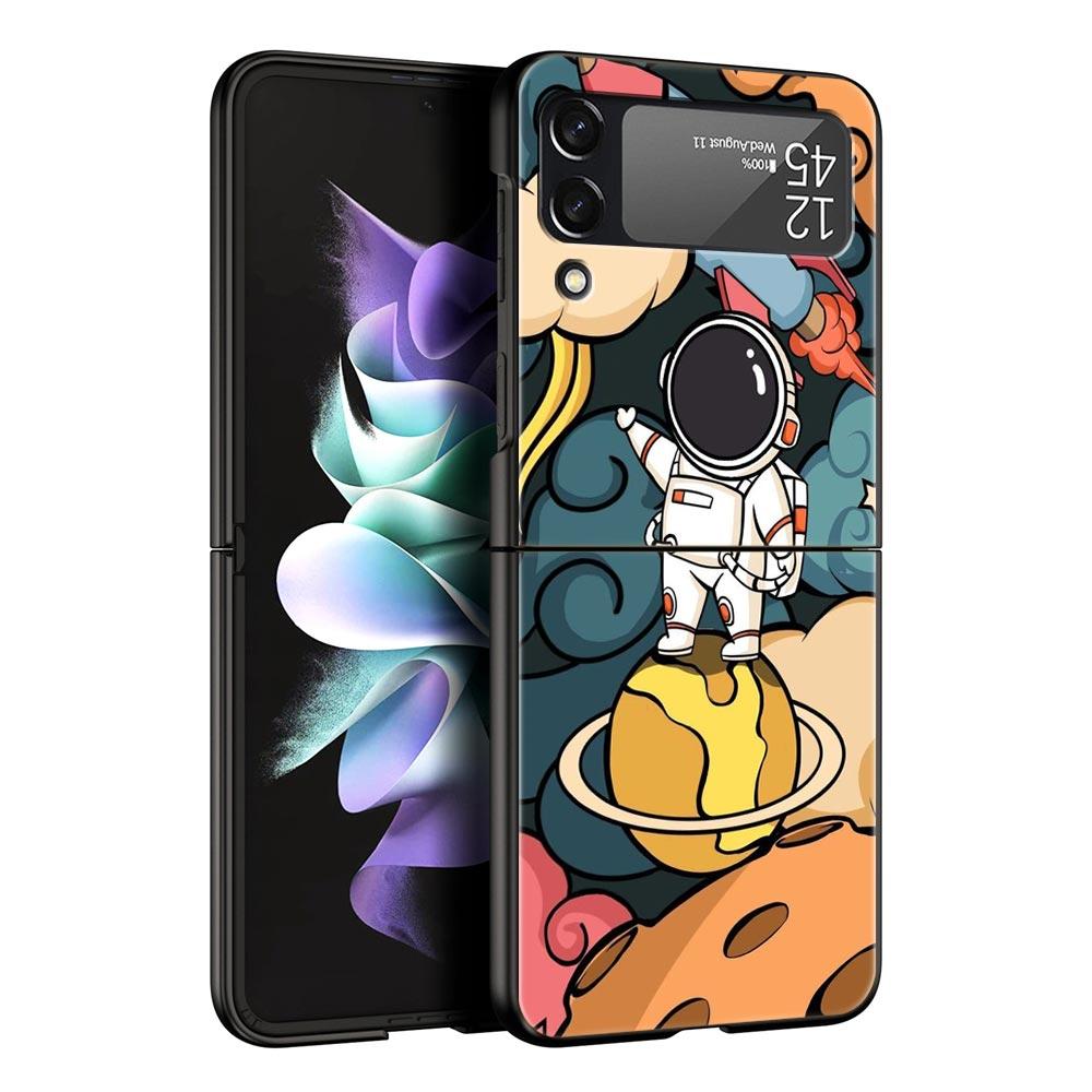 Cartoon Cute Cosmonaut Hard PC Phone Case For Samsung Galaxy Z Flip 7 6 5 4 Black Cover For Galaxy Z Flip3 Foldable Fundas Shell