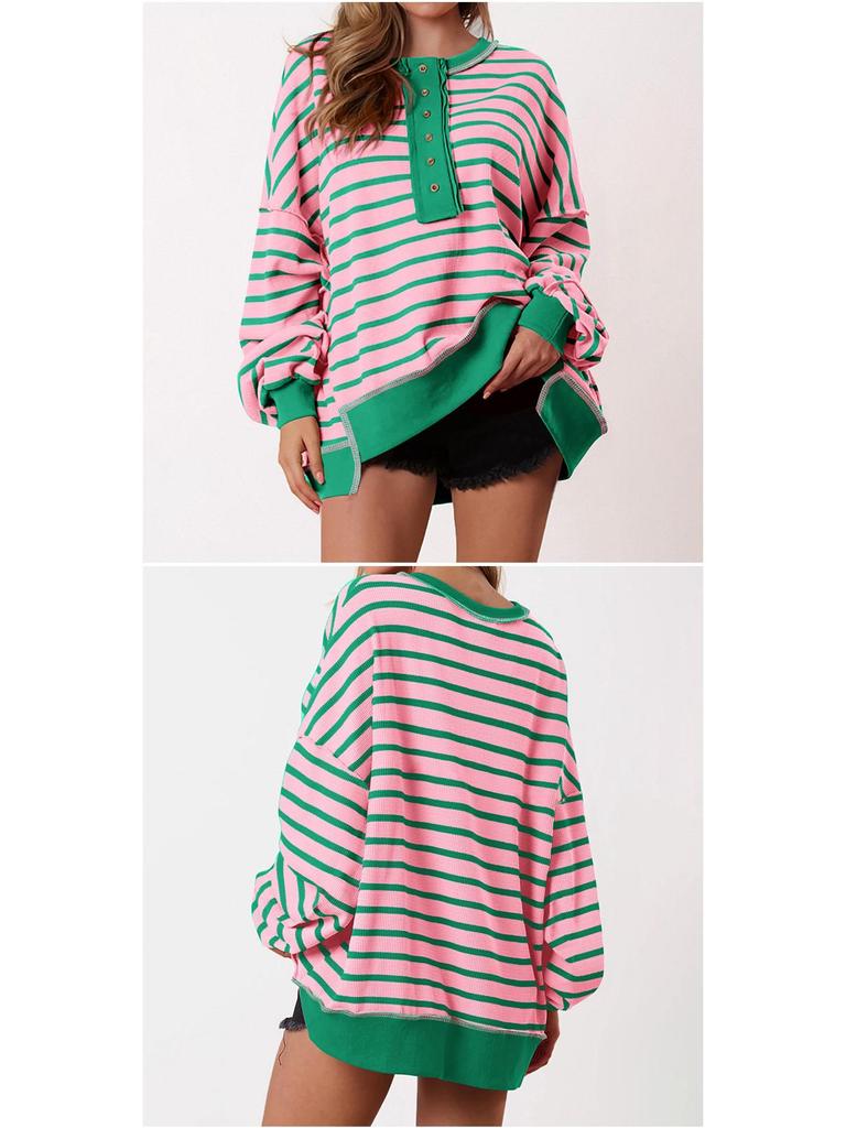 Color Block Long Sleeve Striped Button-Up Casual Sweater for Women - Autumn/Winter