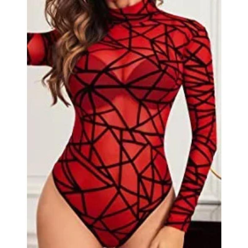 New Fashionable Sexy Long-sleeved Turtleneck Lace Sexy Textured High-waisted Fun Onesie Pajamas See-through See Through Bodysuit