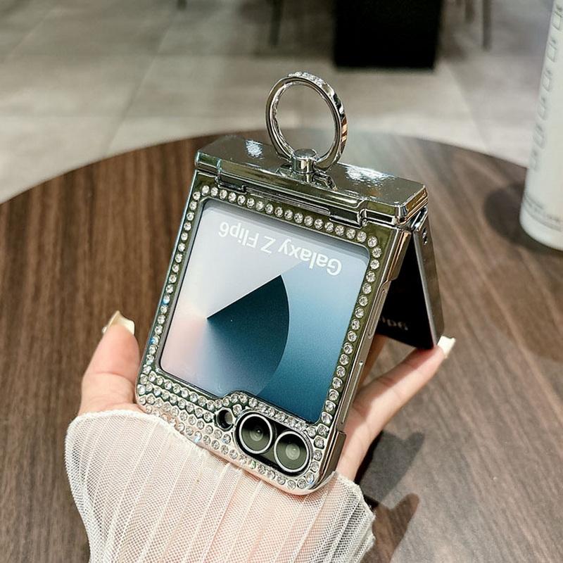 Diamond Frame 3pcs Folding Case For Samsung Galaxy Z Flip6 Flip5 Leather Shockproof Ring Holder Slim Hard PC Phone Cover