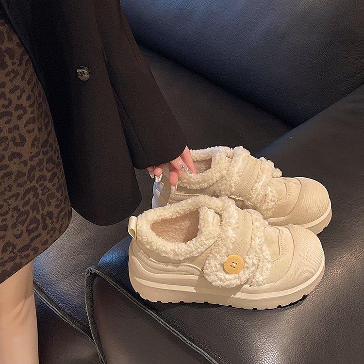 Leather version platform brown cotton shoes women's winter platform plush ugly cute Velcro fluffy shoes warm snow boots
