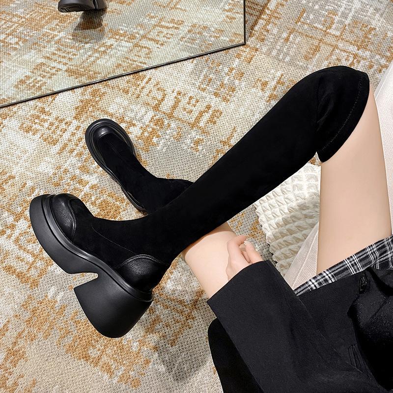 Black Suede Over-knee Boots, Long Boots for Women, New Thick-heeled Long Boots In Autumn and Winter 2025, Elastic High Boots, Thin Boots.