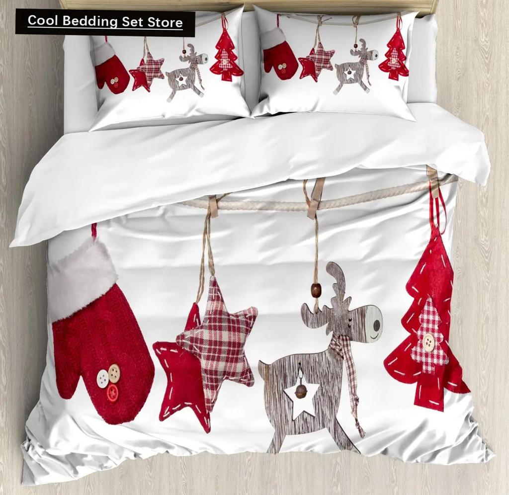 Christmas Duvet Cover Set, Snowman with Santa Hat In The Garden with A Gift Box and Candle Cartoon Image Polyester Bedding Set