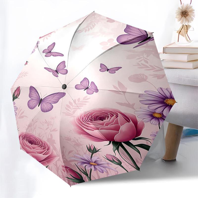 1PC Butterfly Flowers Umbrella-8-Rib Reinforced Portable Folding Travel Suitable for All Seasons Outdoor Daily -Z0472