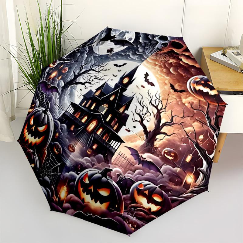 1pc Halloween Haunted Castle Auto Folding Umbrella, Sturdy And Durable Automatic Folding Umbrella with 8 Ribs, Convenient for Outdoor Use139