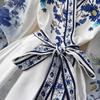 Vestido de Fiesta Boho para Mujer Impresión Floral Preciosa Gasa Manga de Farol Cierre de Cordones Cruzado Cuello en V Empalme de Banda de Satén