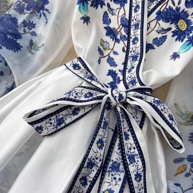 Vestido de Fiesta Boho para Mujer Impresión Floral Preciosa Gasa Manga de Farol Cierre de Cordones Cruzado Cuello en V Empalme de Banda de Satén