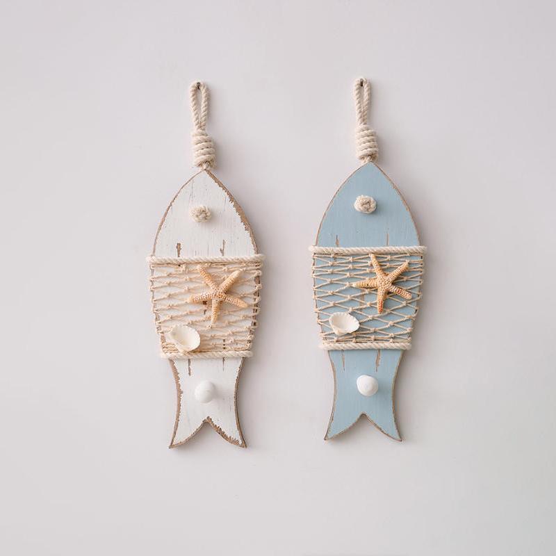 1pc Creative Mediterranean Fish Pendant Wood Carving Figurine Ocean Theme Accessories Shell Wall Hanging Home Decoration