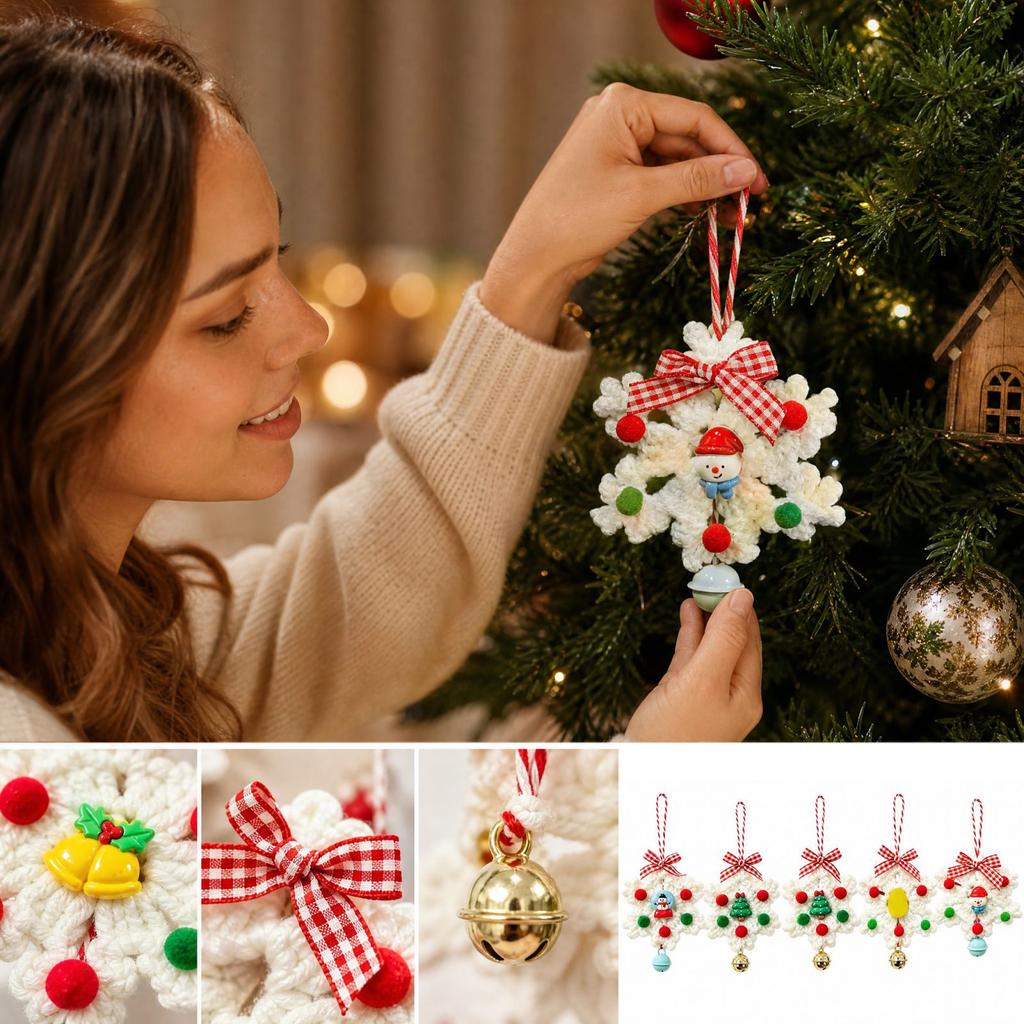 Christmas Knitted Hanging Ornament with Bell for Christmas Tree and Window Holiday Decor