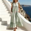 Sommer Gestreiftes Maxikleid für Damen Rundhalsausschnitt Ärmellos Rüschen A-Linie Schwingendes Kleid Strand Freizeit Fließendes Sommerkleid mit Taschen