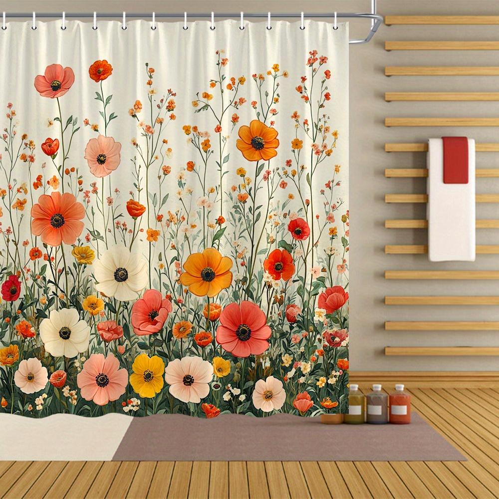 

1Pc Lush Flower Field Shower Curtain - Red Poppies & Peonies, Soft Beige Background, Polyester, 70X70 , 12 Hooks W60H190(CM)-1 Pcs