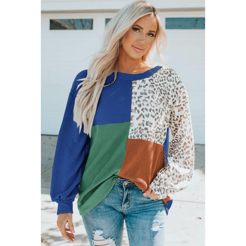 

2025 Contrasting Leopard Print Knitted Long Sleeved Top Blue L