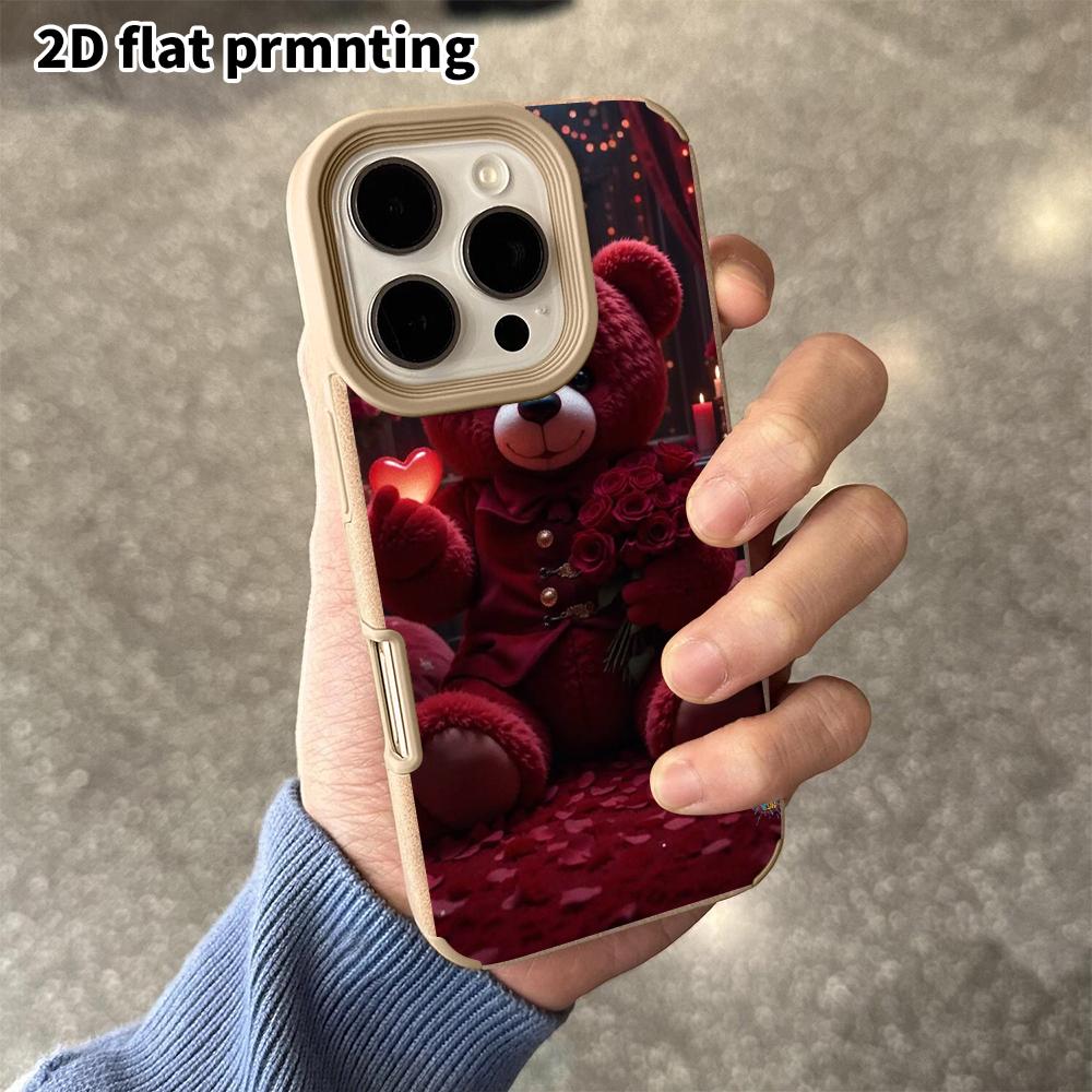 Phone Case: 2D flat lambskin suitable for iPhone 18 17 16 15 14 13 Pro protective case, heart-shaped bear, Christmas and Halloween gifts