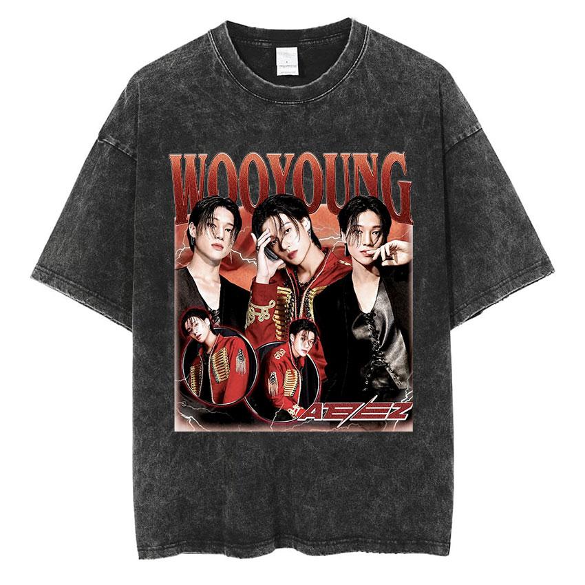 Vintage Washed Ateez Yunho Kpop Band Album 2026 TShirt Mens Women Hip Hop Loose Korean Fashion Short Sleeve T Shirt Streetwear