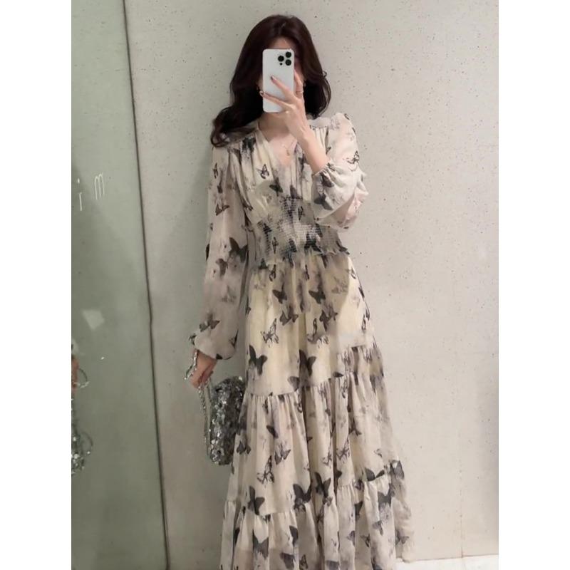 Spring Autumn V-neck Butterfly Printing Temperament Dress Ladies Long Sleeve Elegant Fashion Casual Robe Vestidos