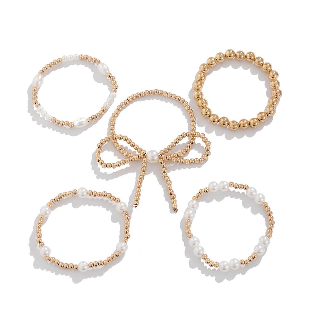 Temperament Simple Bow Beaded Bracelet Set Versatile Stacked Pearl Exaggerated Multi-layer Hand Jewelry Daily Commuting for Woman