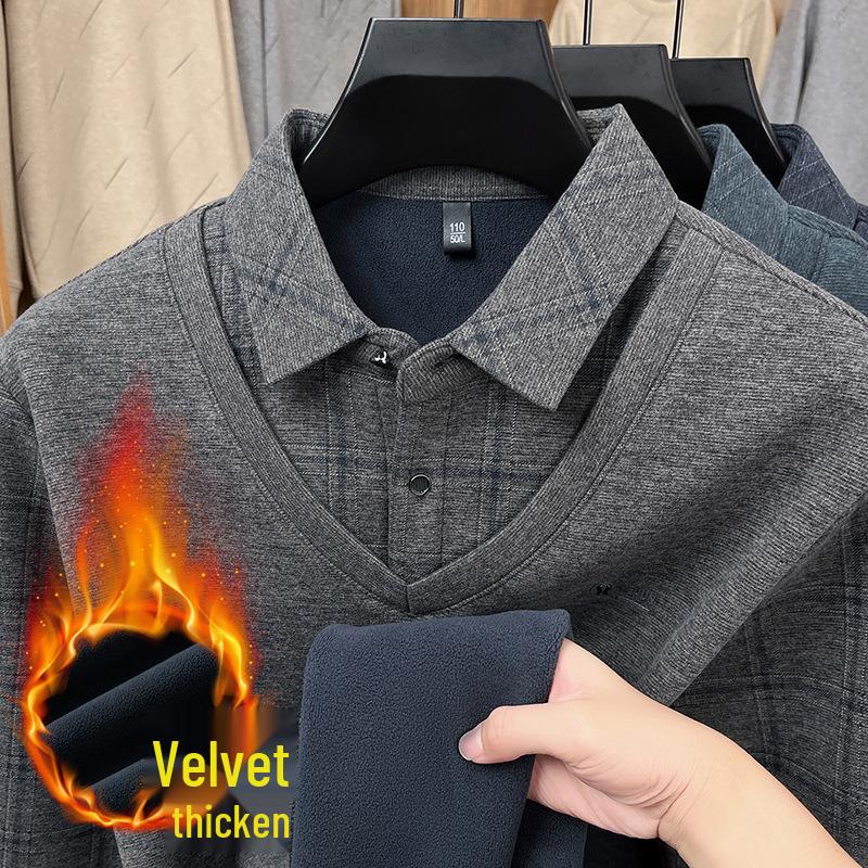 Dicker Samt-Strick-Pullover mit Revers für Männer mittleren Alters und ältere Männer - Stilvoller Zwei-in-Eins Winterpullover