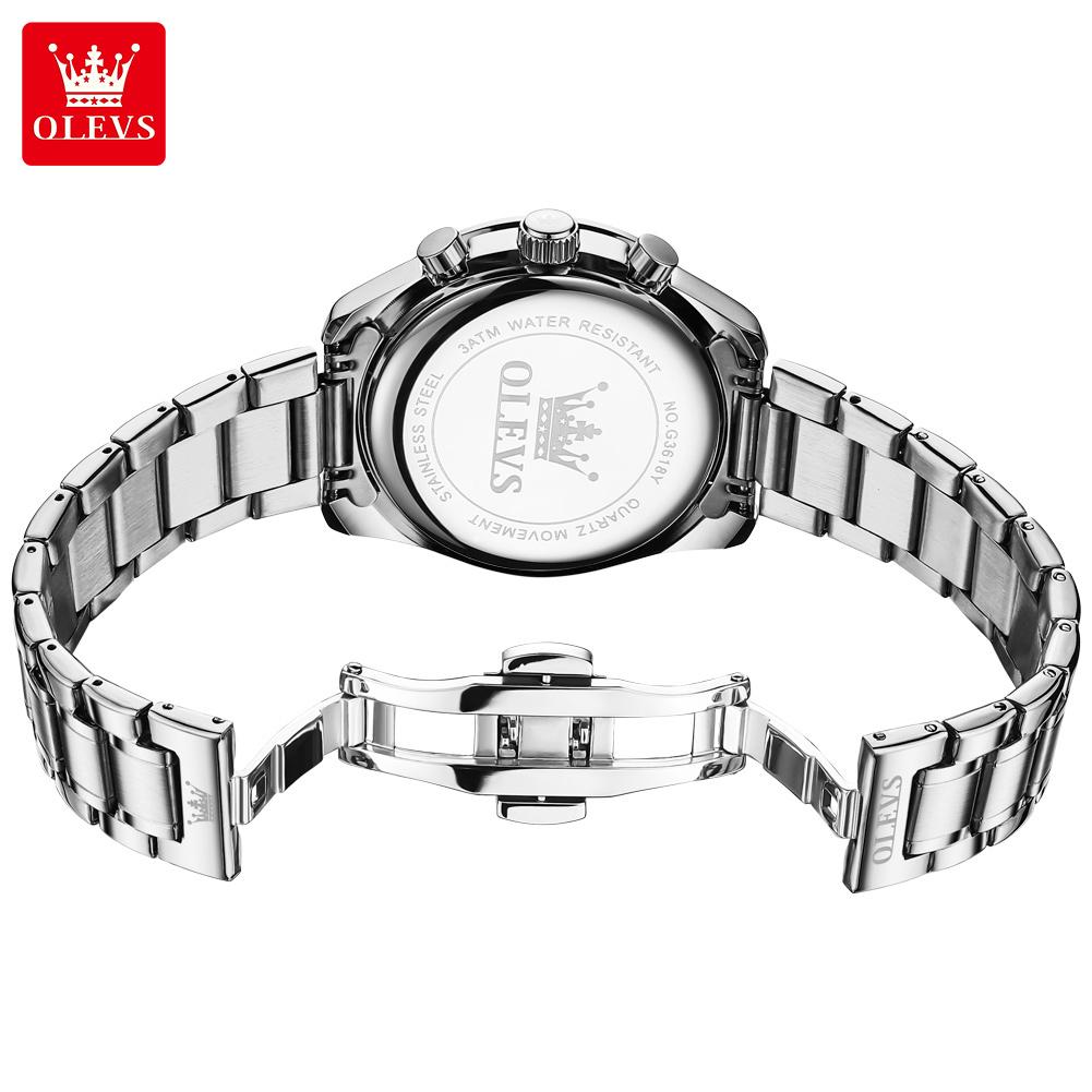 OLEVS 3618 Brand New Fashion Light Blue Quartz Watch Men Stainless Steel Waterproof Luminous Date Moon Phase Chronograph Watches Mens