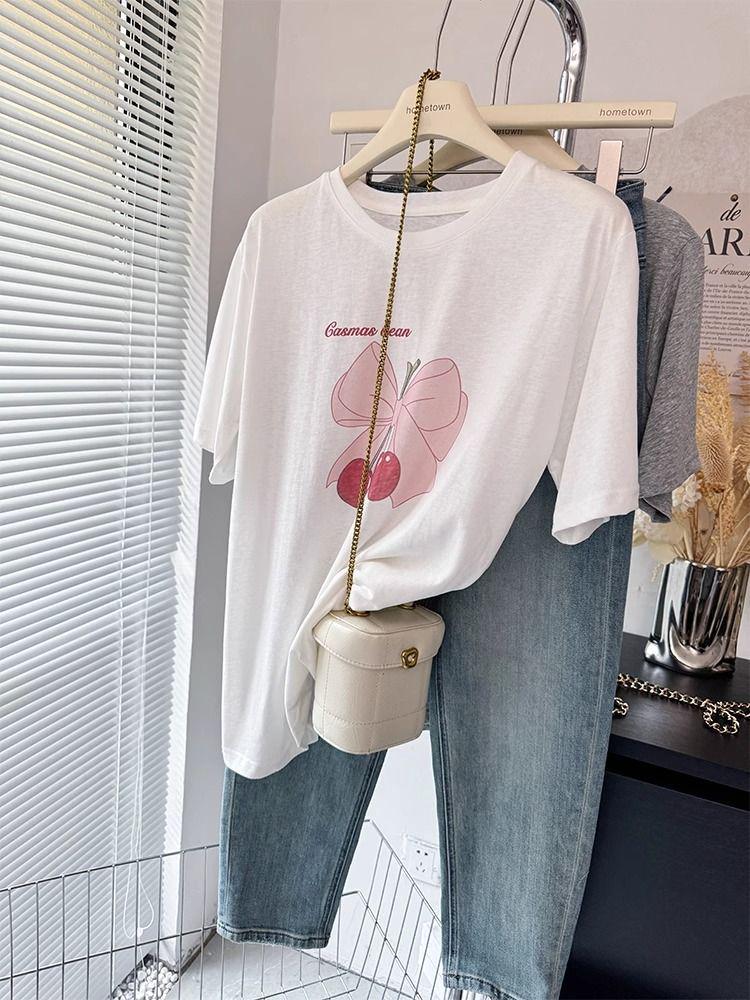 Women s Cherry Print Cotton Bow Short Sleeve Loose T-shirt S белый