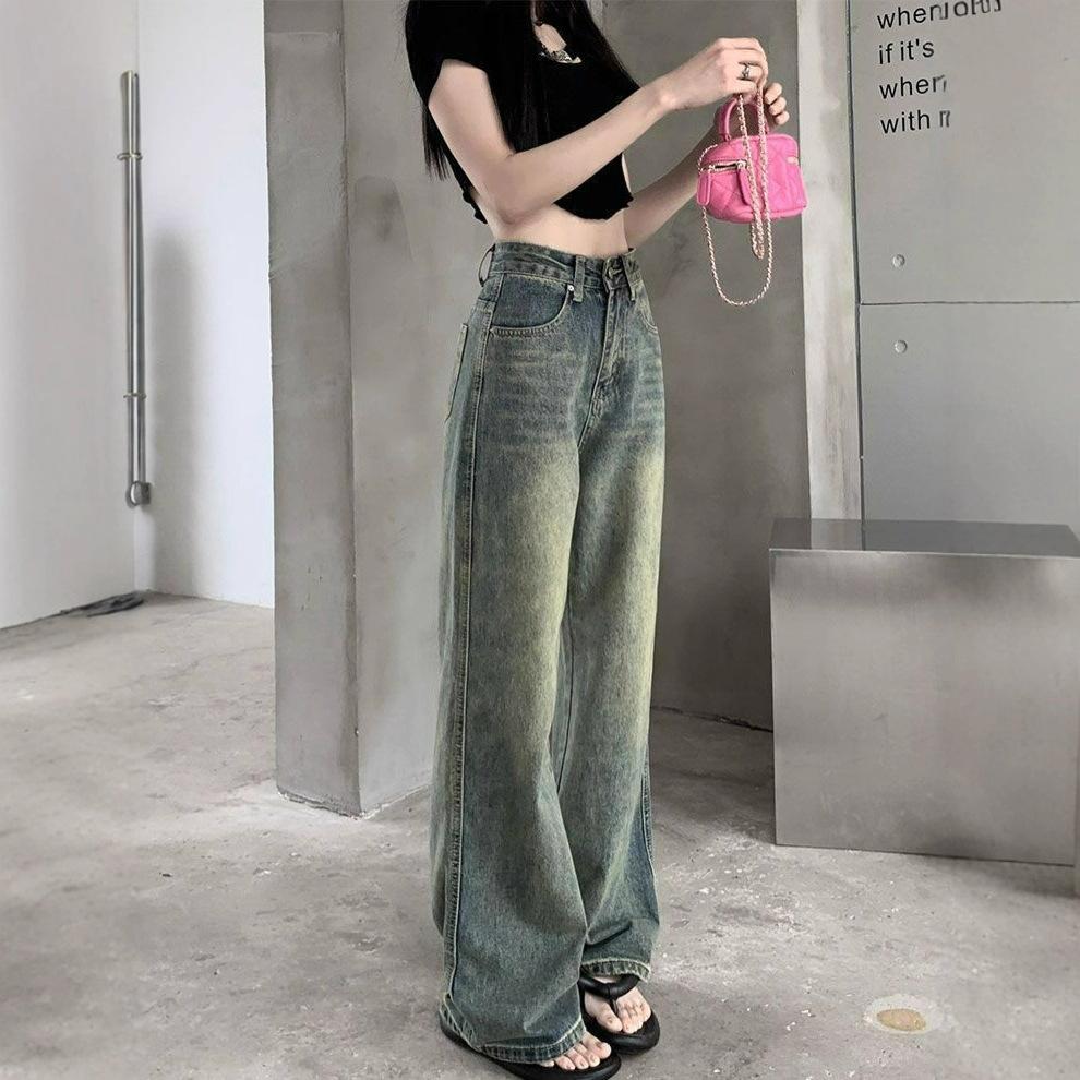 Washed Vintage Wide-legged Jeans Women's High-waisted Do The Old Loose Straight Draping Skinny Dragging Pants Retro Baggy Long Jeans for Ladies
