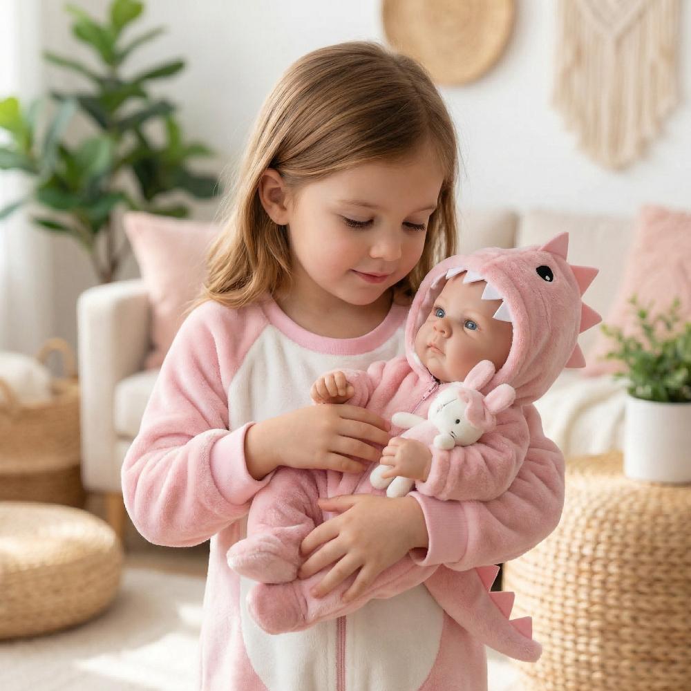 Cure 18 Inch Cloth Body Reborn Dolls Bettie Full Vinyl Body Newborn Babies Doll Wear Pink Dinosaur Romper Vivid Rebirth Dolls for Children's Day Gifts