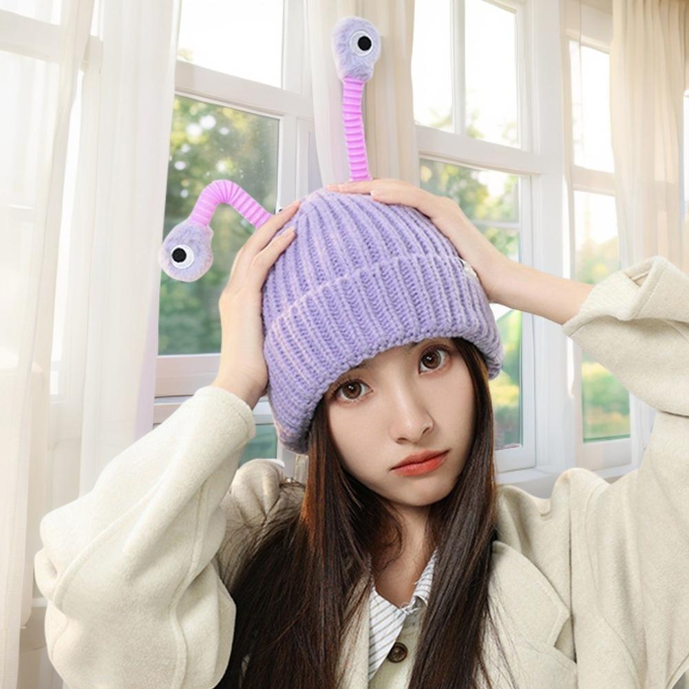 Knitted Hat Cute Little-Monster LED Knit Beanie for Girls Women Stretchy Soft Cuffed Beanie for Kids Adults for Indoor Outdoor