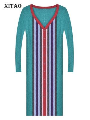 Moda Contraste Cor Listrado Pulôver Mulheres Vestido de Tricô WS2107